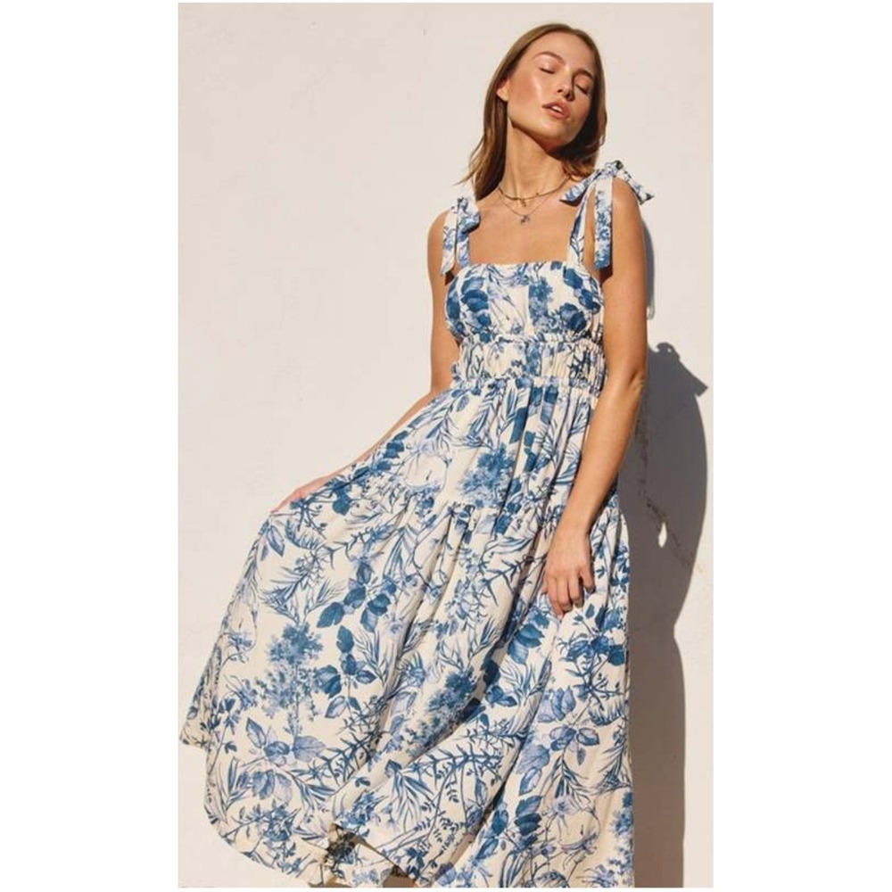 Dress Forum Cottagecore Floral Toile Smocked Tie Strap Midi Dress Large Women